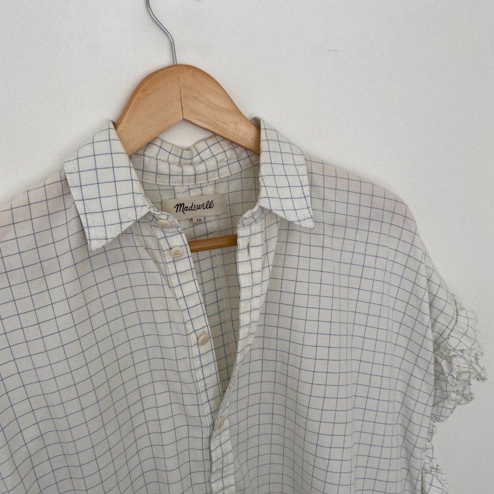 -Madewell White Blue Grid Button Down Ruffle Top XS